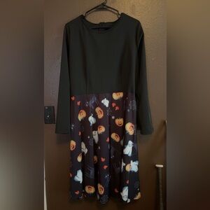 Black Halloween Print Long-Sleeve Dress